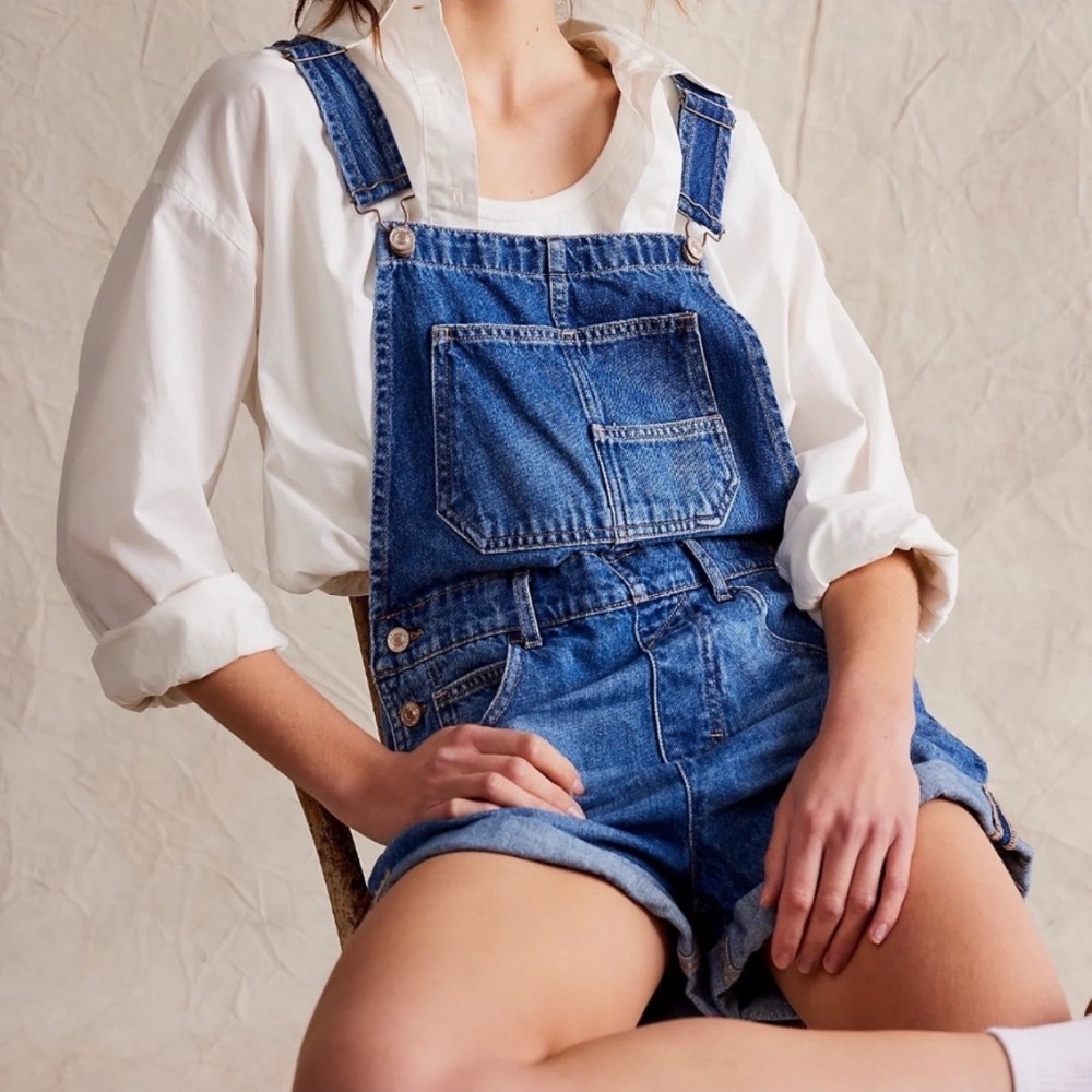 Free People Women Ziggy Shortalls S Blue Oversized Baggy Boho Denim Farmcore 90s